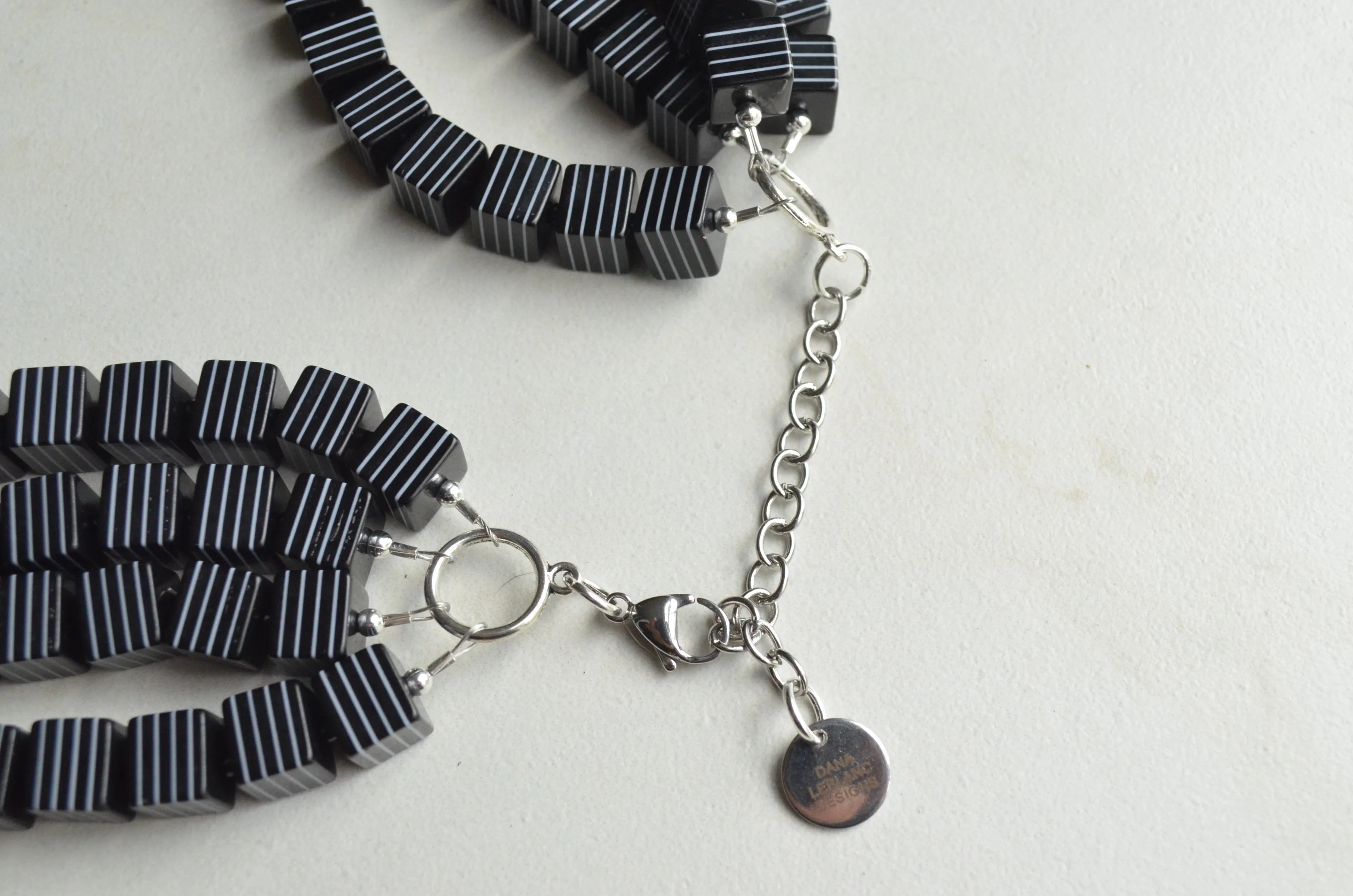 Black White Stripe Cube Bead Multi Strand Chunky Statement Necklace - Amanda