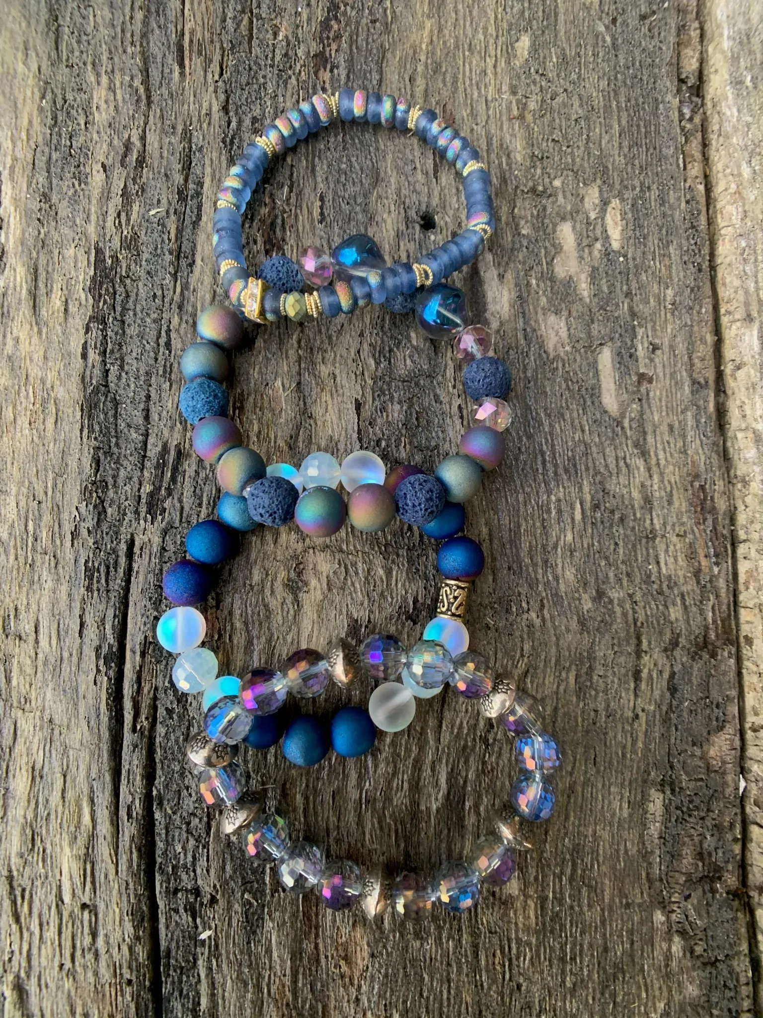 Blue Druzy Agate, Synthetic Opal & Glass Faceted Beaded Bracelet