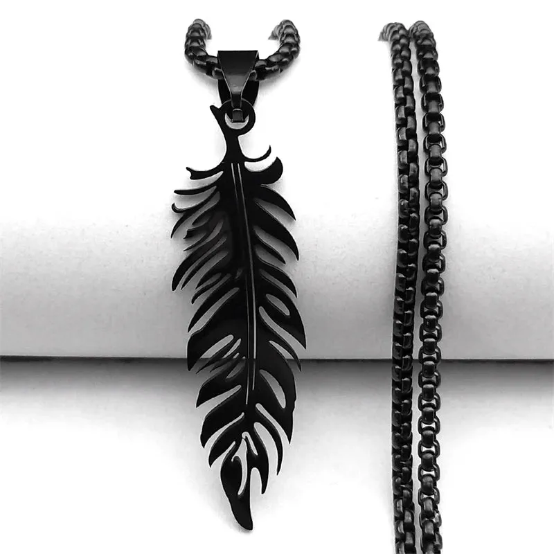 Boho Feather Pendant Male Necklace for Women Men Stainless Steel Silver Color Leaf Chain Jewelry Gift collar hombre N3393S01