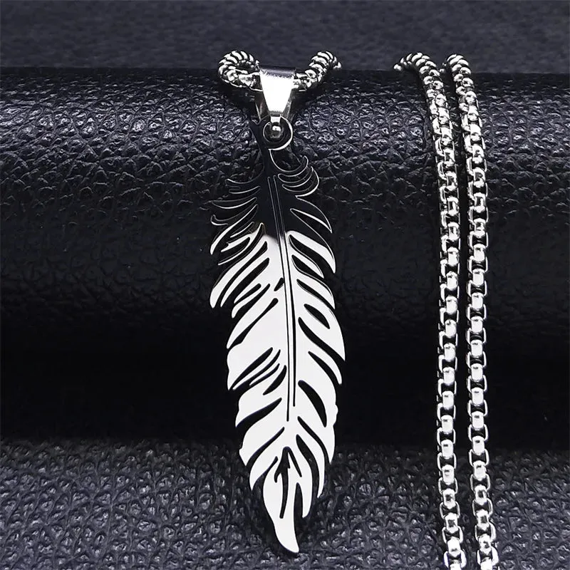 Boho Feather Pendant Male Necklace for Women Men Stainless Steel Silver Color Leaf Chain Jewelry Gift collar hombre N3393S01