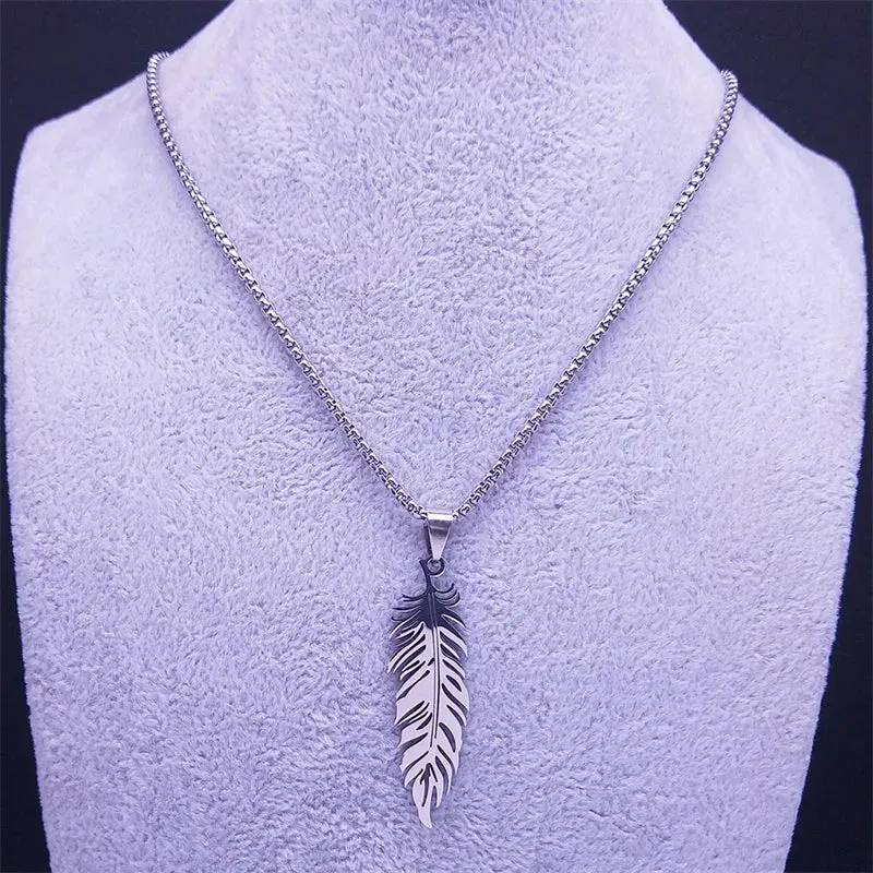 Boho Feather Pendant Male Necklace for Women Men Stainless Steel Silver Color Leaf Chain Jewelry Gift collar hombre N3393S01