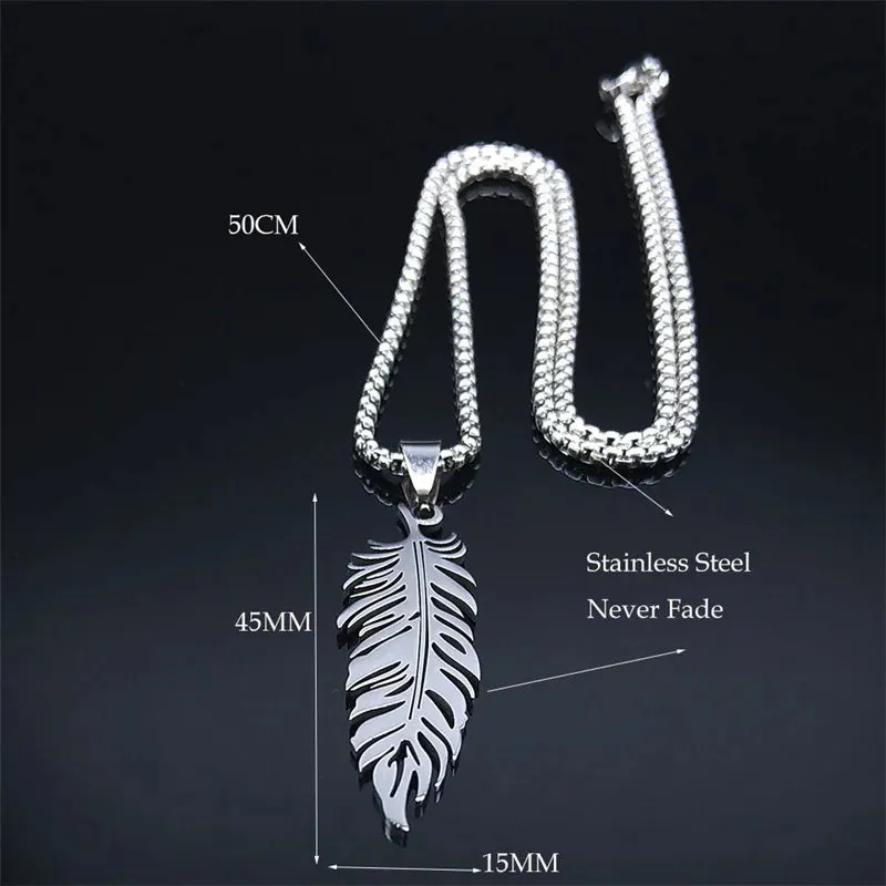 Boho Feather Pendant Male Necklace for Women Men Stainless Steel Silver Color Leaf Chain Jewelry Gift collar hombre N3393S01