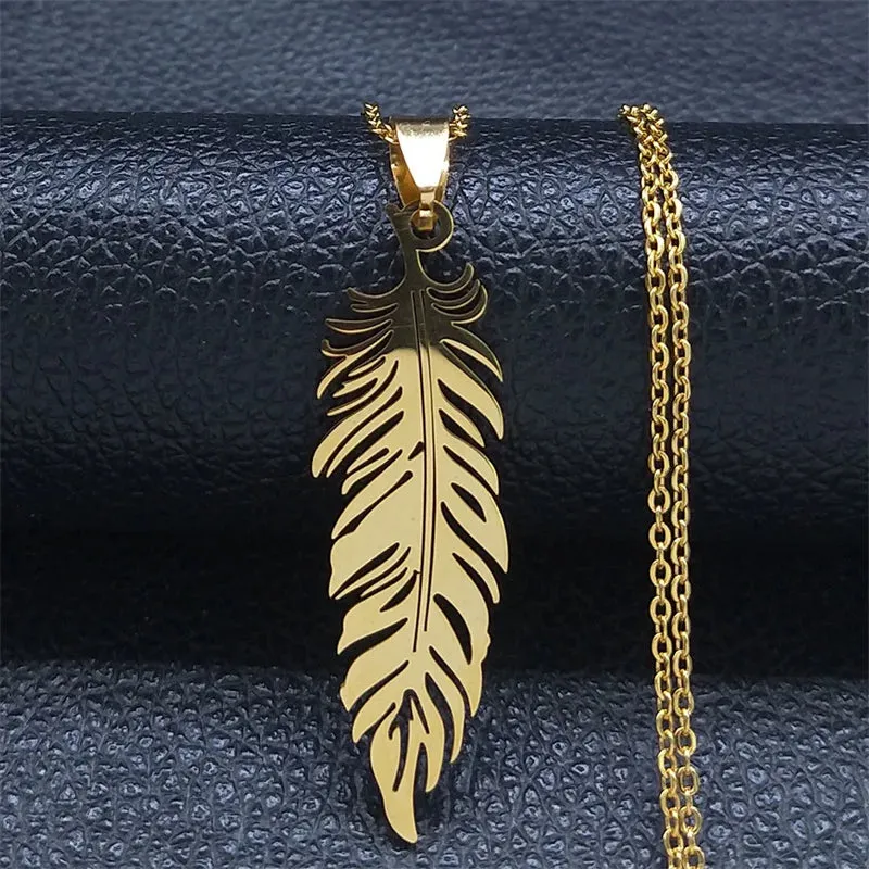 Boho Feather Pendant Male Necklace for Women Men Stainless Steel Silver Color Leaf Chain Jewelry Gift collar hombre N3393S01