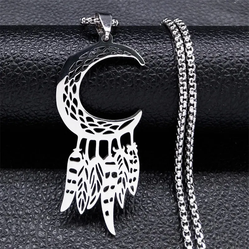 Boho Feather Pendant Male Necklace for Women Men Stainless Steel Silver Color Leaf Chain Jewelry Gift collar hombre N3393S01