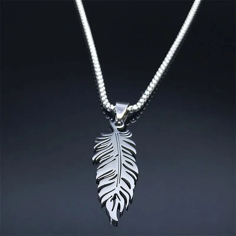 Boho Feather Pendant Male Necklace for Women Men Stainless Steel Silver Color Leaf Chain Jewelry Gift collar hombre N3393S01
