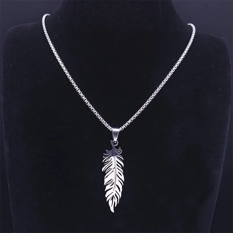 Boho Feather Pendant Male Necklace for Women Men Stainless Steel Silver Color Leaf Chain Jewelry Gift collar hombre N3393S01