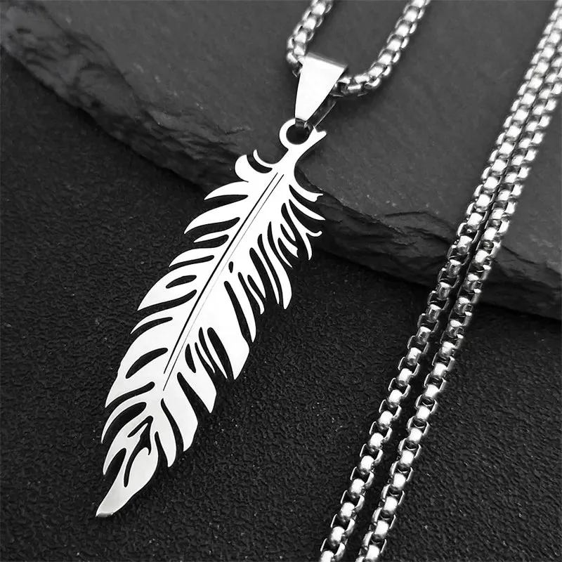 Boho Feather Pendant Male Necklace for Women Men Stainless Steel Silver Color Leaf Chain Jewelry Gift collar hombre N3393S01
