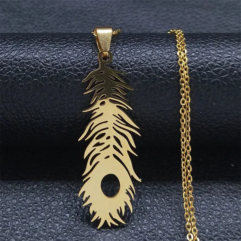 Boho Feather Pendant Male Necklace for Women Men Stainless Steel Silver Color Leaf Chain Jewelry Gift collar hombre N3393S01