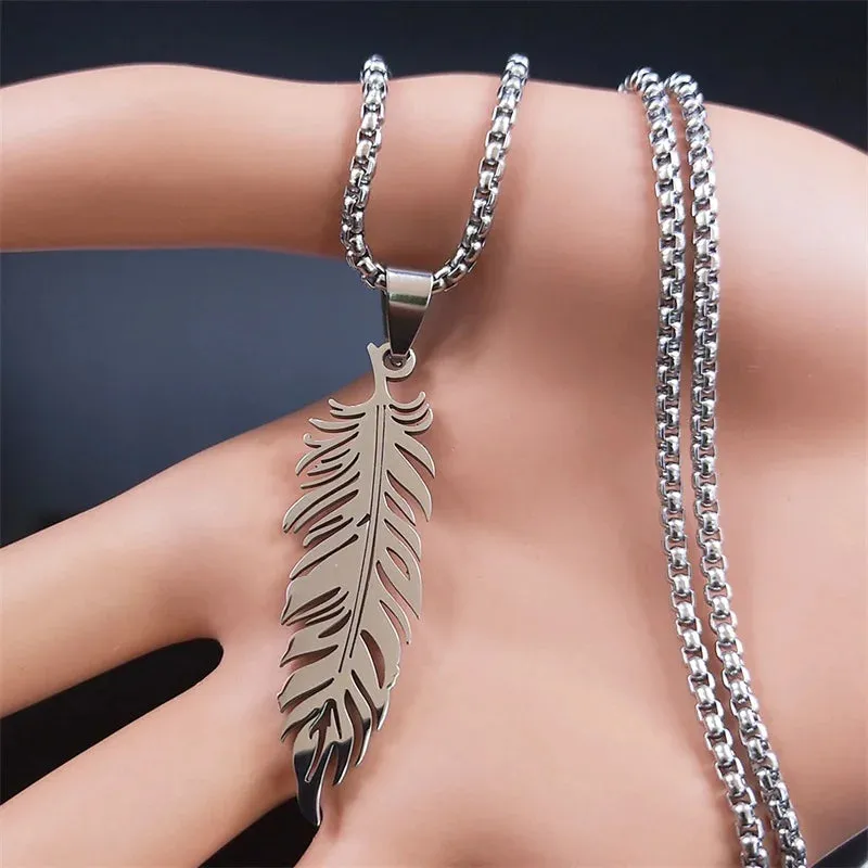 Boho Feather Pendant Male Necklace for Women Men Stainless Steel Silver Color Leaf Chain Jewelry Gift collar hombre N3393S01