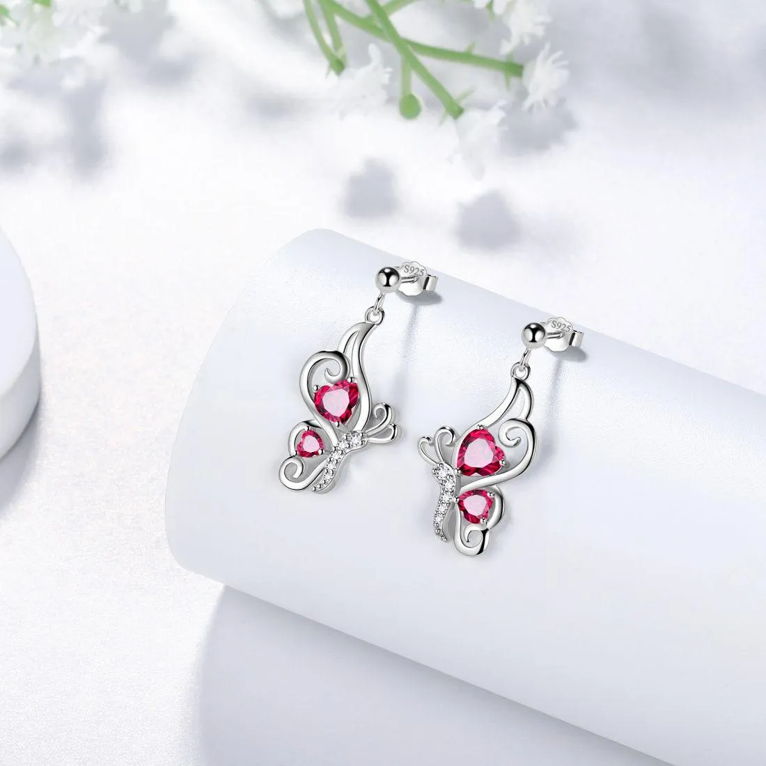 Butterfly Birthstone July Ruby Earrings Women Girls Jewelry Birthday Gift Sterling Silver