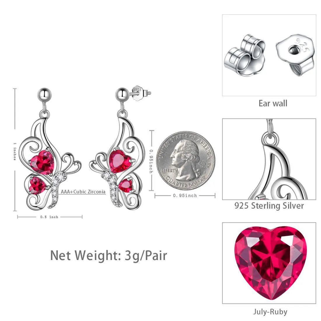 Butterfly Birthstone July Ruby Earrings Women Girls Jewelry Birthday Gift Sterling Silver