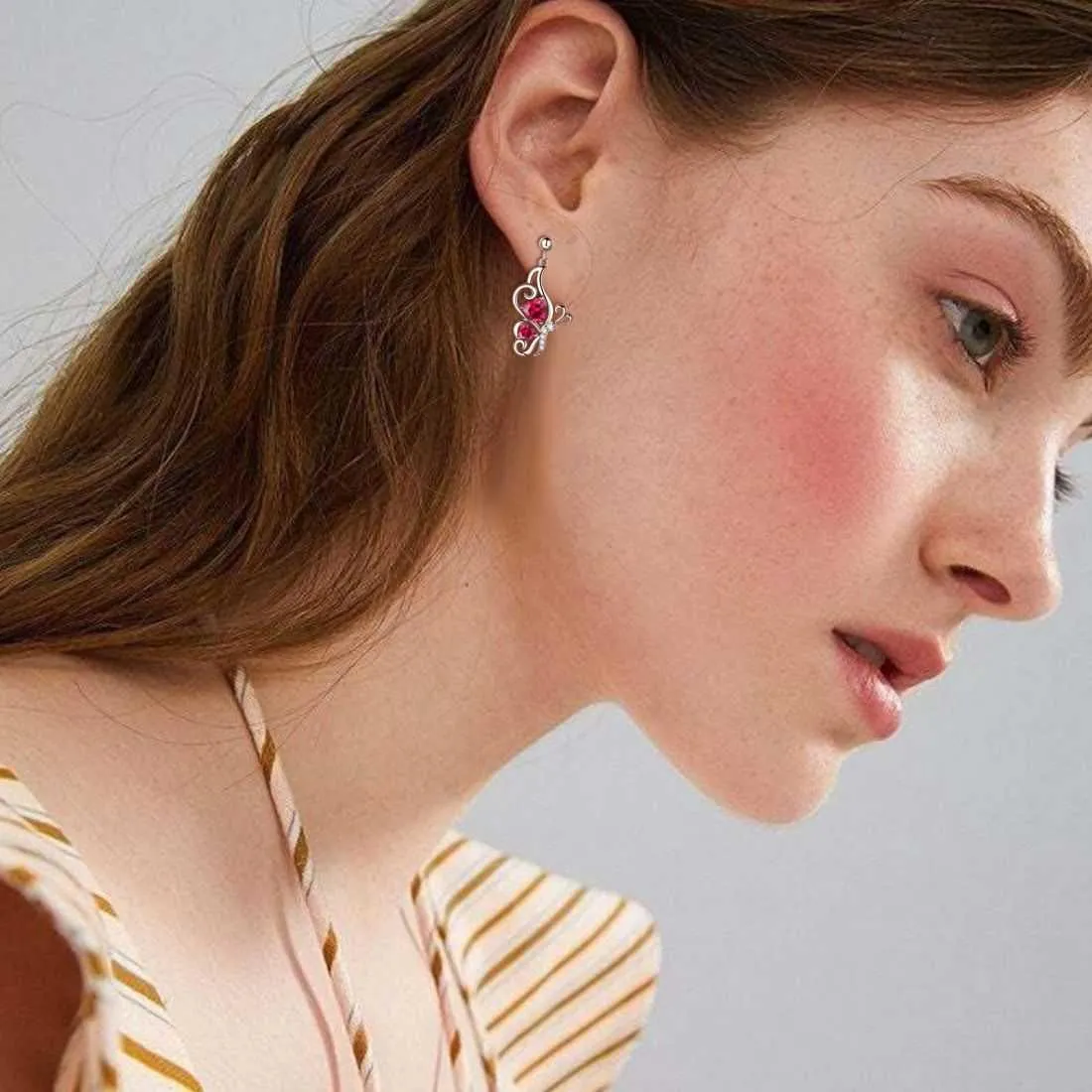 Butterfly Birthstone July Ruby Earrings Women Girls Jewelry Birthday Gift Sterling Silver