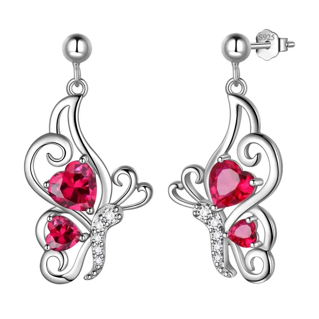 Butterfly Birthstone July Ruby Earrings Women Girls Jewelry Birthday Gift Sterling Silver