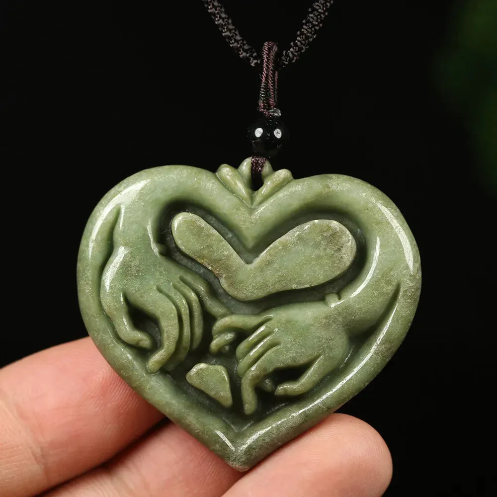 Certified Grade A Green Natural Jadeite Jade Pendant Heart Lover Hand