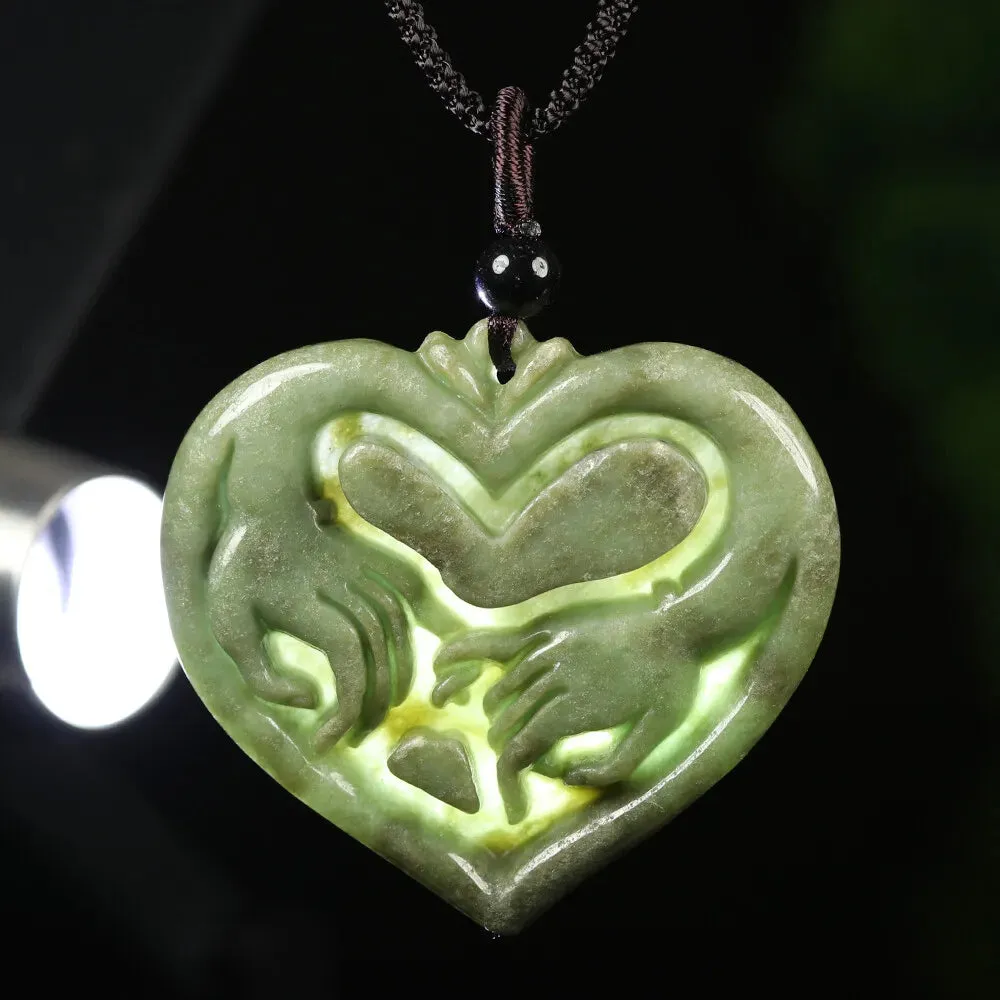 Certified Grade A Green Natural Jadeite Jade Pendant Heart Lover Hand