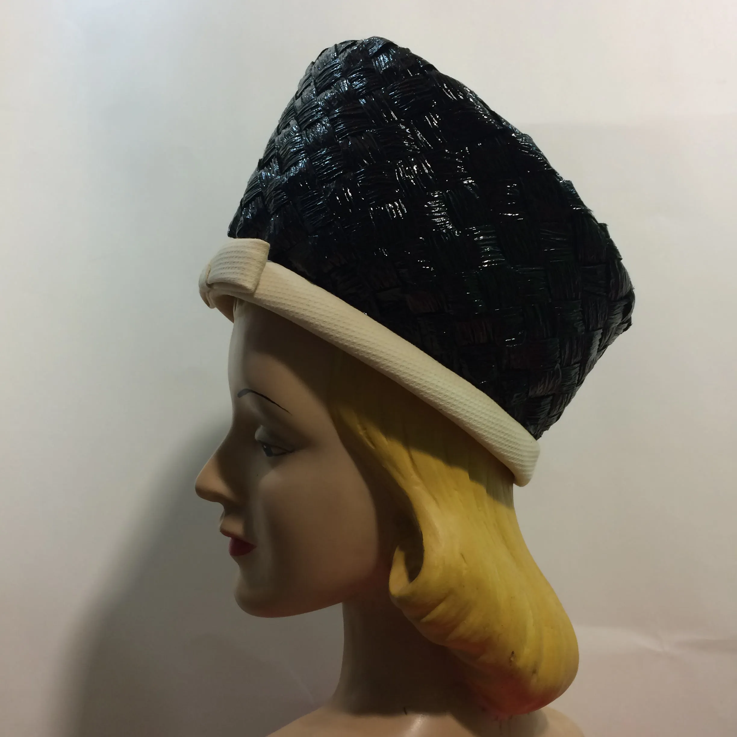 Chic Glossy Black Braided Cello Tall Front Hat w/ White Trim circa 1960s