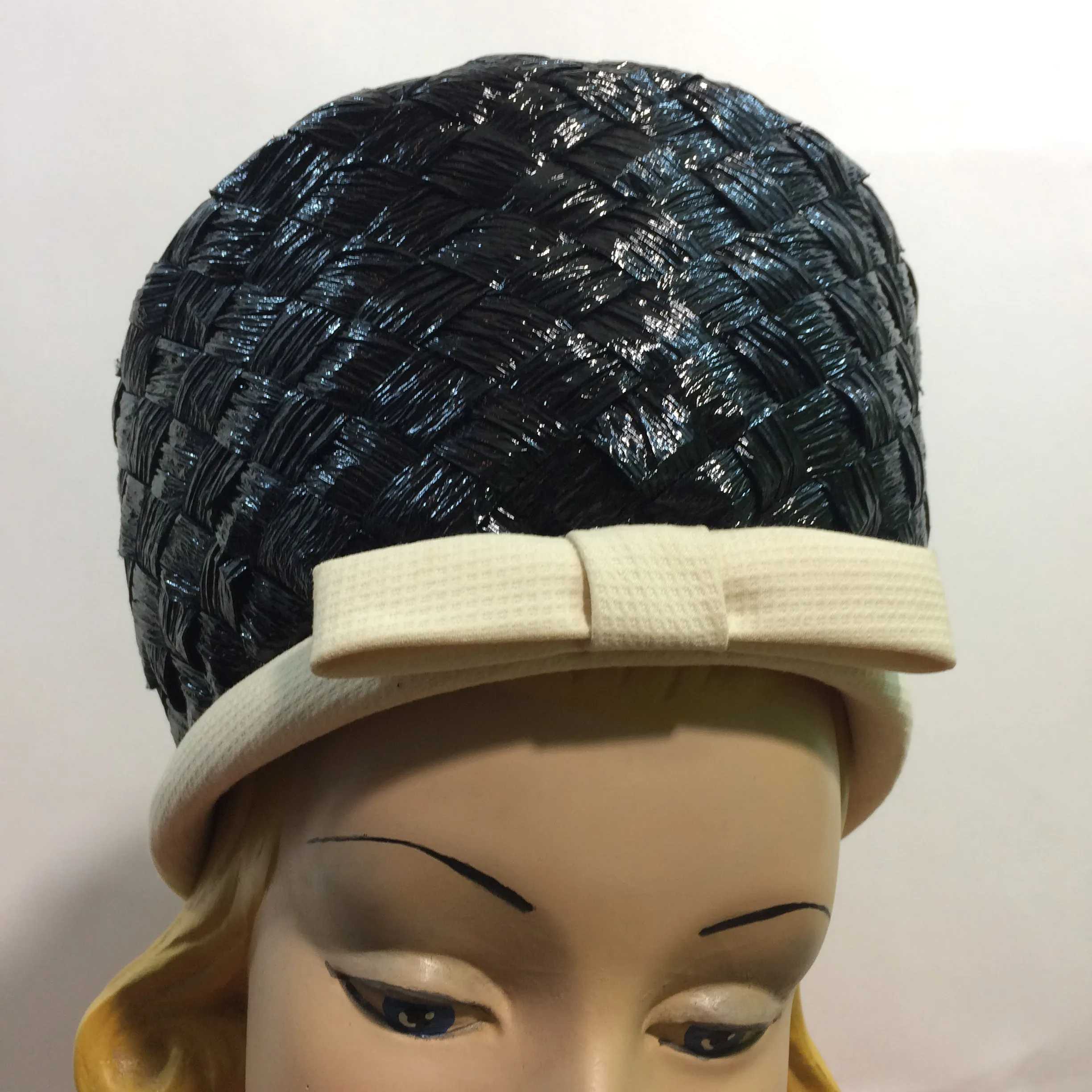 Chic Glossy Black Braided Cello Tall Front Hat w/ White Trim circa 1960s