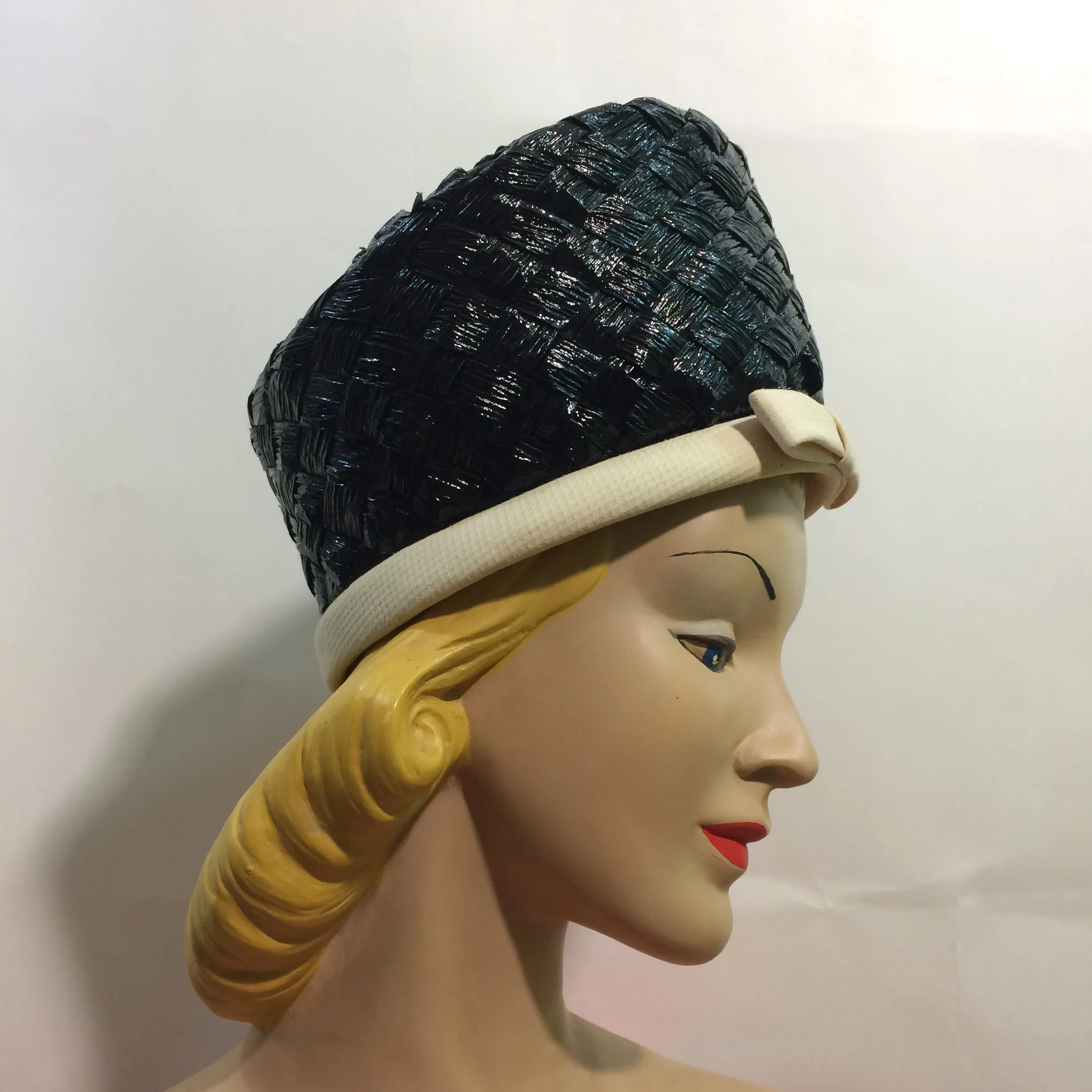 Chic Glossy Black Braided Cello Tall Front Hat w/ White Trim circa 1960s