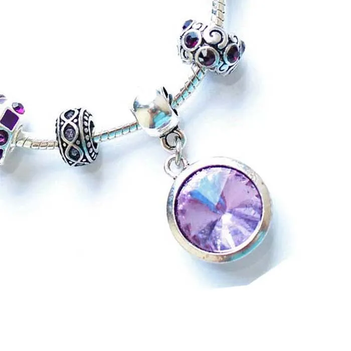 Children's 'June Birthstone' Amethyst Colored Crystal Silver Plated Charm Bead Bracelet