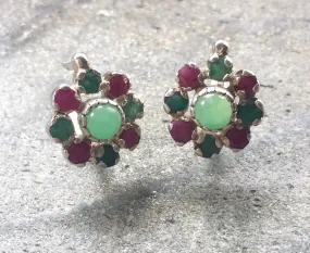 Chrysoprase Earrings - Emerald Flower Studs - Daisy Ruby Earrings