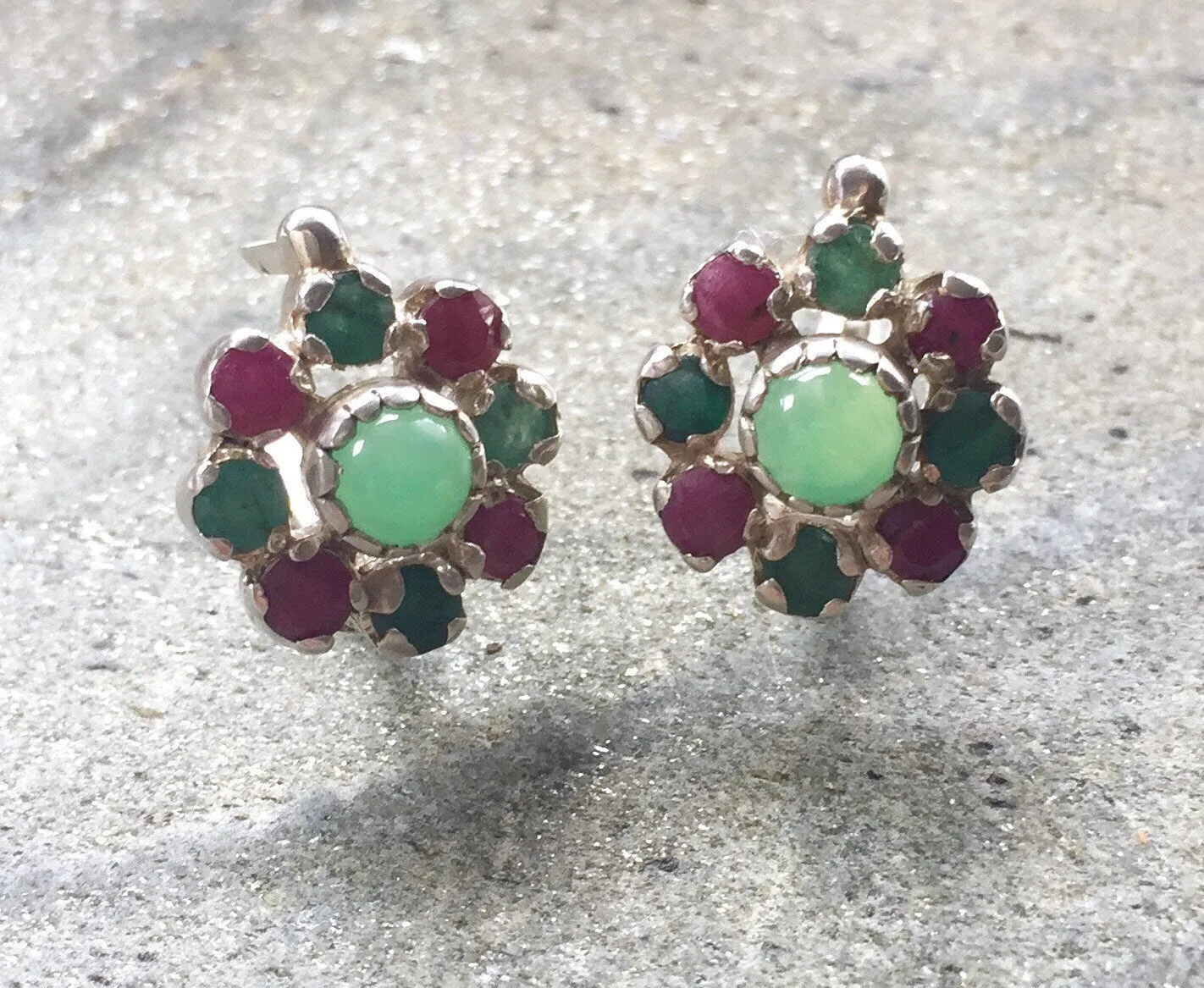 Chrysoprase Earrings - Emerald Flower Studs - Daisy Ruby Earrings