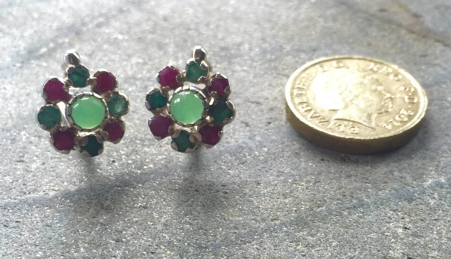 Chrysoprase Earrings - Emerald Flower Studs - Daisy Ruby Earrings