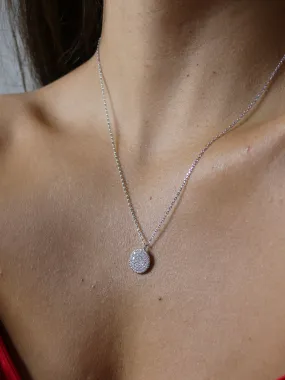 Circle Coin Necklace, Pave Diamond Cubic Zirconia .925 Sterling Silver Necklace