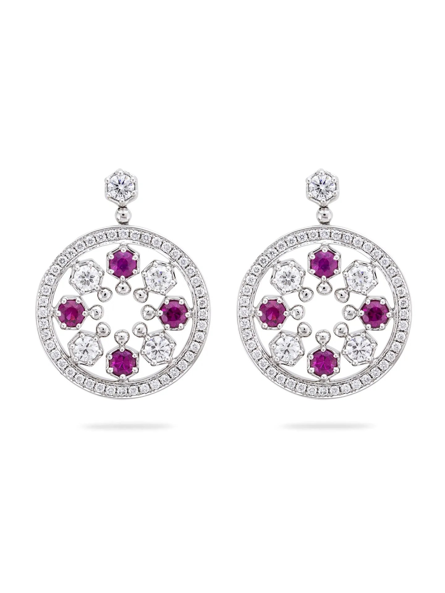 Circus White Gold Diamond and Ruby Drop Earrings
