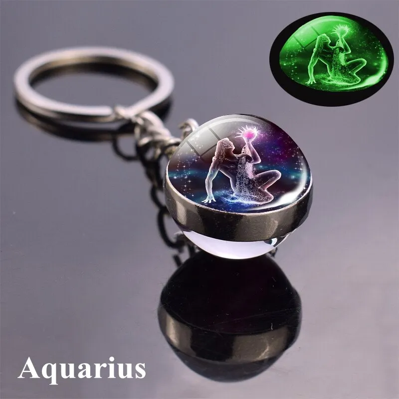 Constellation Luminous Keychain Glass Ball Pendant Zodiac Keychain Glow In The Dark Key Chain Holder