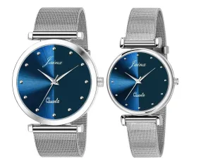 Couple's Blue Dial Silver Steel Mesh Chain Analog Watch - Jainx JC9402