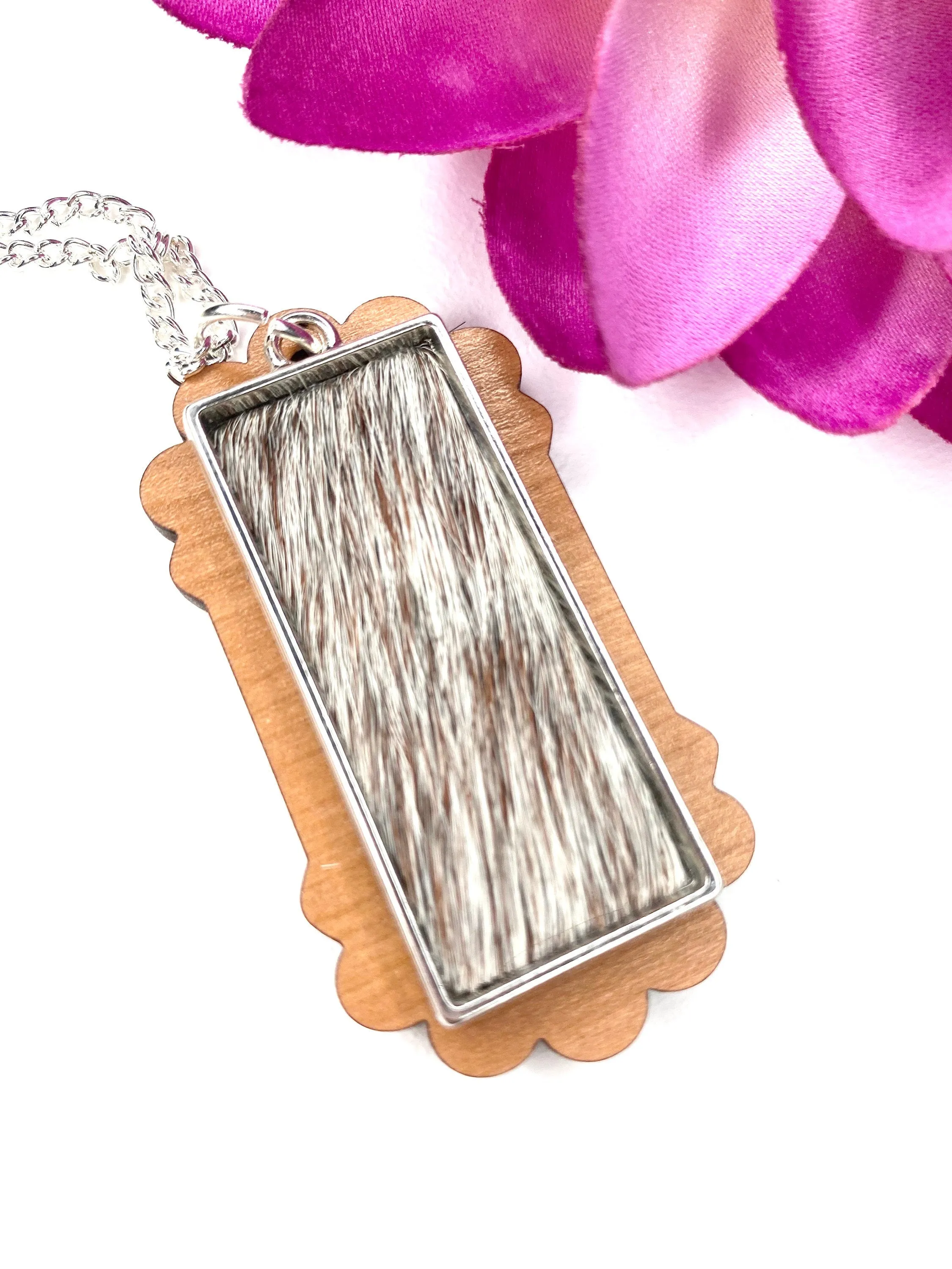 Cowhide Pendant Necklace, Boho Jewelry, Animal Print Jewelry, Rectangle Pendant, Long Necklace, Best Friend Gift Idea
