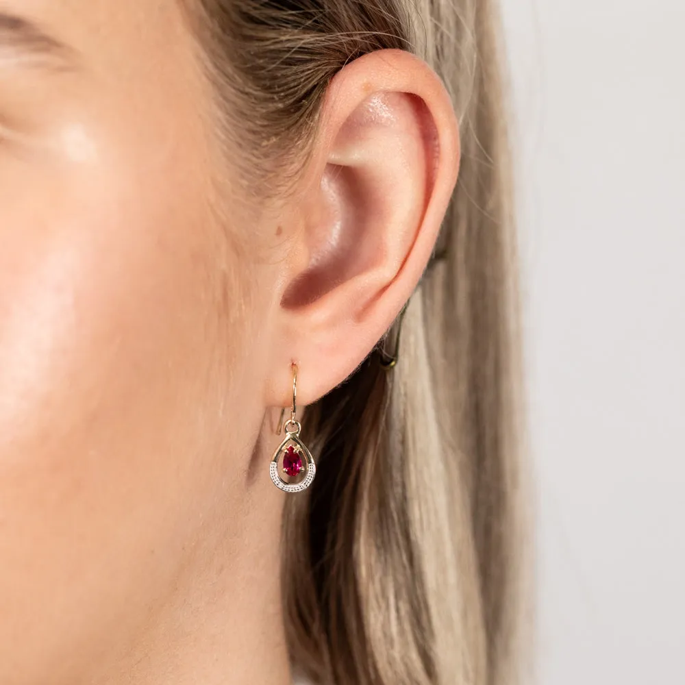 Created Pear Cut Ruby & Small Diamond Drop Earrings in 9ct Yellow gold