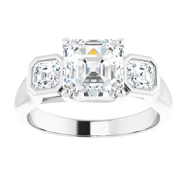 Cubic Zirconia Engagement Ring- The Alana Marie (Customizable 3-stone Cathedral Asscher Cut Design with Twin Asscher Cut Side Stones)