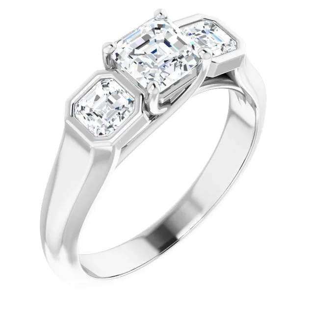 Cubic Zirconia Engagement Ring- The Alana Marie (Customizable 3-stone Cathedral Asscher Cut Design with Twin Asscher Cut Side Stones)