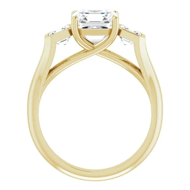 Cubic Zirconia Engagement Ring- The Alana Marie (Customizable 3-stone Cathedral Asscher Cut Design with Twin Asscher Cut Side Stones)