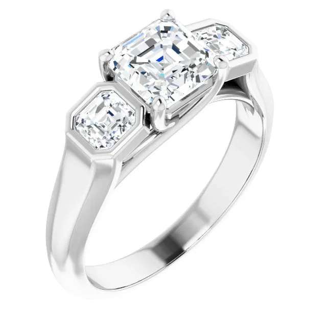 Cubic Zirconia Engagement Ring- The Alana Marie (Customizable 3-stone Cathedral Asscher Cut Design with Twin Asscher Cut Side Stones)