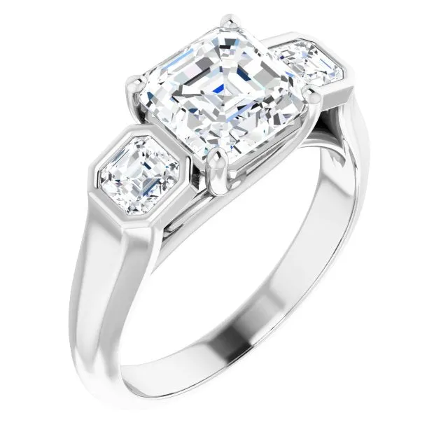 Cubic Zirconia Engagement Ring- The Alana Marie (Customizable 3-stone Cathedral Asscher Cut Design with Twin Asscher Cut Side Stones)