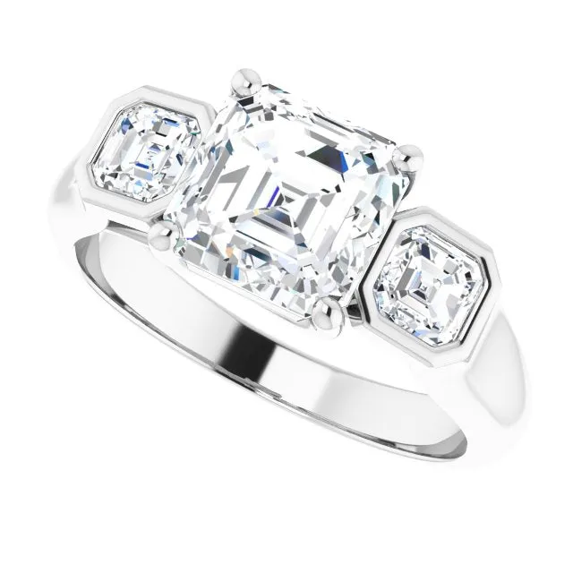 Cubic Zirconia Engagement Ring- The Alana Marie (Customizable 3-stone Cathedral Asscher Cut Design with Twin Asscher Cut Side Stones)