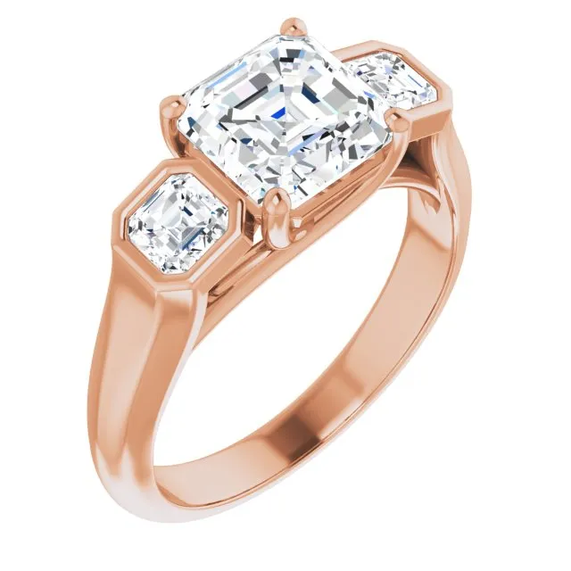 Cubic Zirconia Engagement Ring- The Alana Marie (Customizable 3-stone Cathedral Asscher Cut Design with Twin Asscher Cut Side Stones)