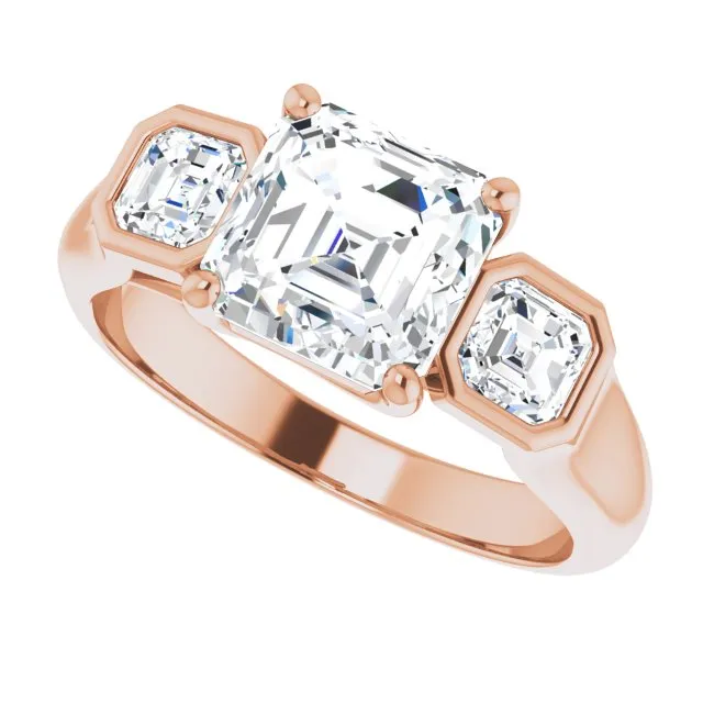Cubic Zirconia Engagement Ring- The Alana Marie (Customizable 3-stone Cathedral Asscher Cut Design with Twin Asscher Cut Side Stones)