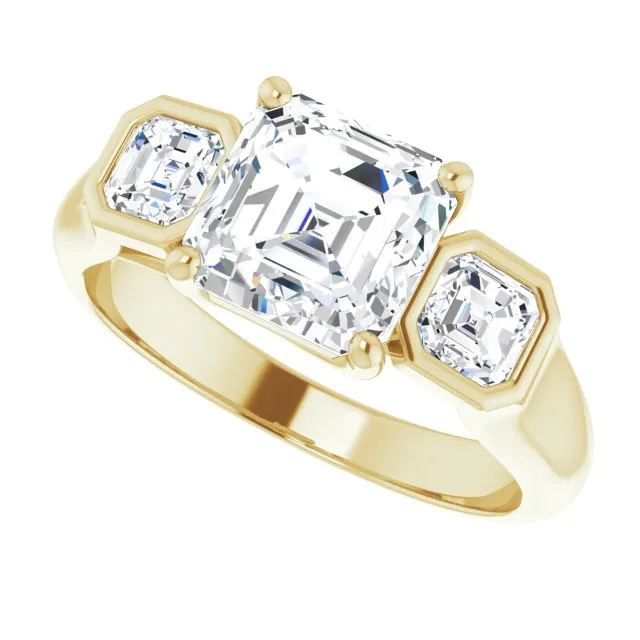 Cubic Zirconia Engagement Ring- The Alana Marie (Customizable 3-stone Cathedral Asscher Cut Design with Twin Asscher Cut Side Stones)