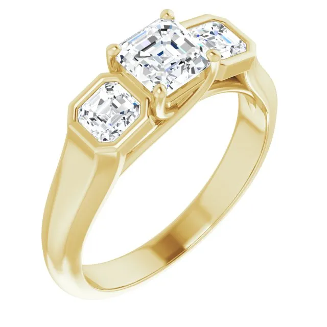 Cubic Zirconia Engagement Ring- The Alana Marie (Customizable 3-stone Cathedral Asscher Cut Design with Twin Asscher Cut Side Stones)
