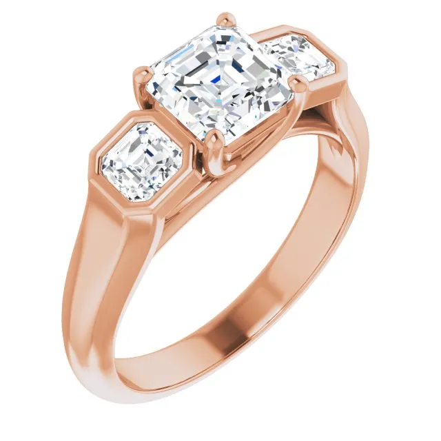 Cubic Zirconia Engagement Ring- The Alana Marie (Customizable 3-stone Cathedral Asscher Cut Design with Twin Asscher Cut Side Stones)