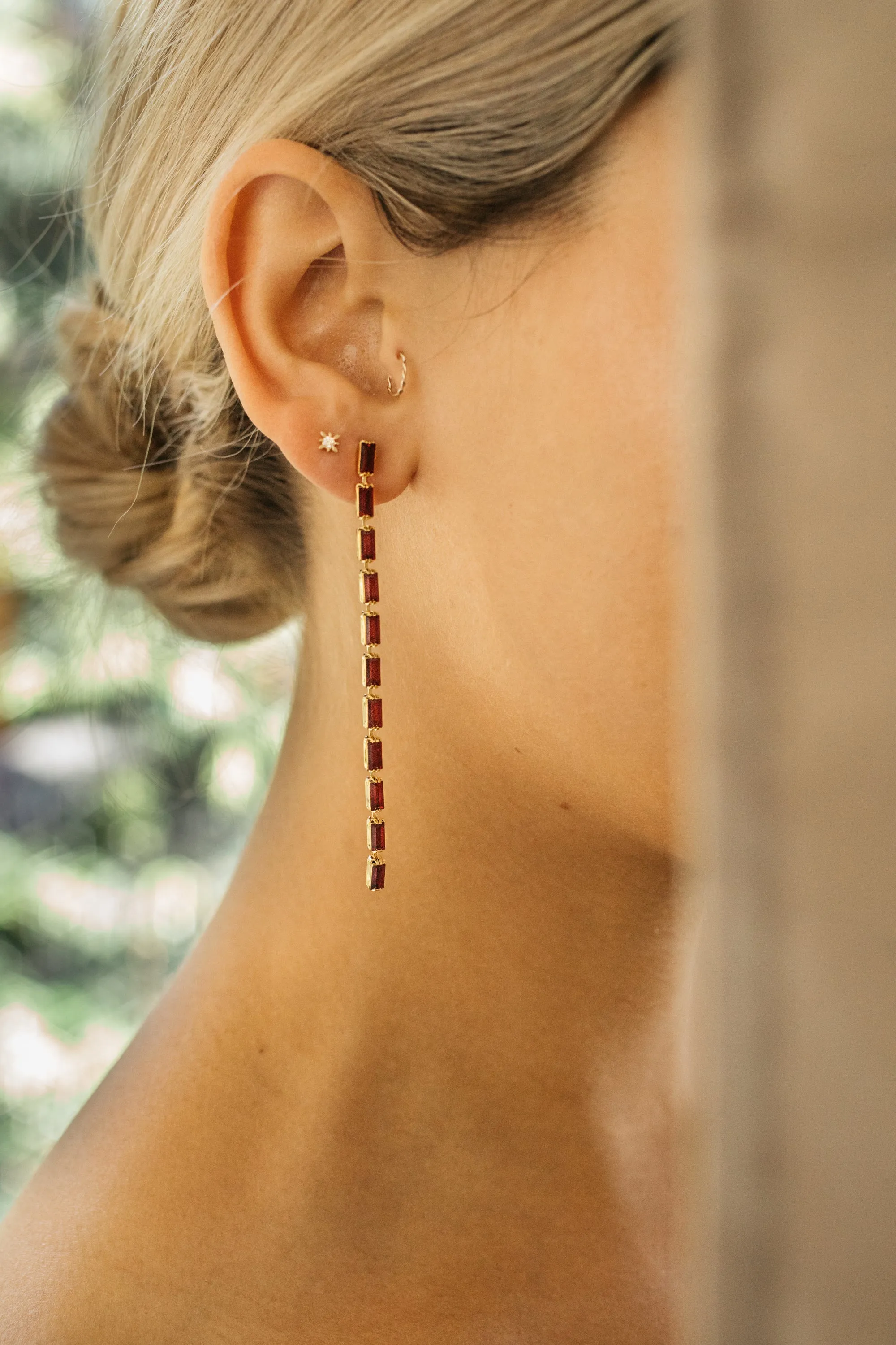 Darling 3in chain Ruby Baquette Swarovski Crystal Earrings