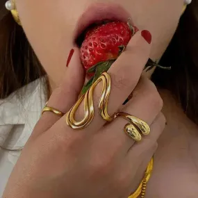 Design Sense Minority Simple 18K Gold Stainless Steel Double Layer Snake Shape Ring for Women