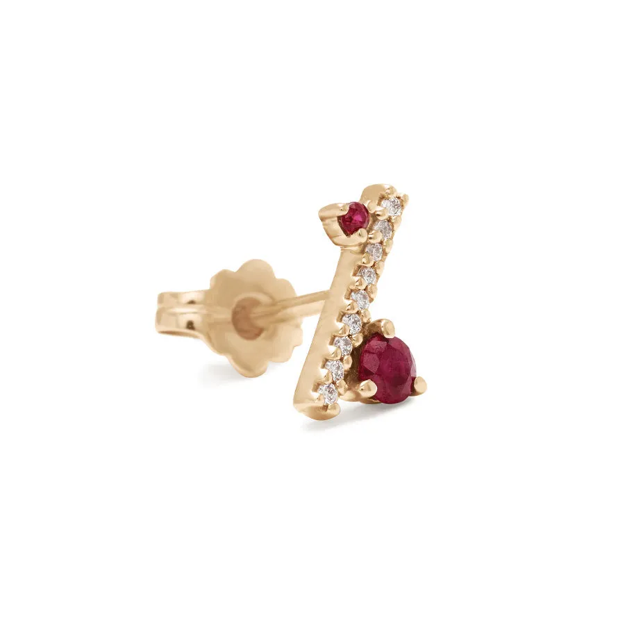 Diamond Dusted Meridian Stud - 14k Gold, Ruby & White Diamond