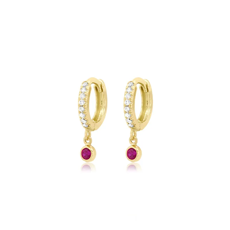 Diamond Huggies with Mini Ruby Bezel Drop