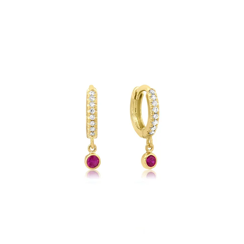 Diamond Huggies with Mini Ruby Bezel Drop