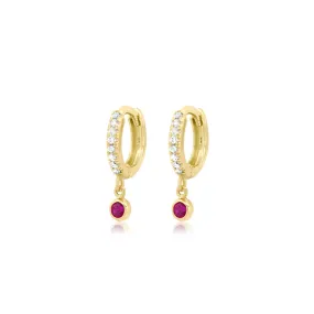 Diamond Huggies with Mini Ruby Bezel Drop
