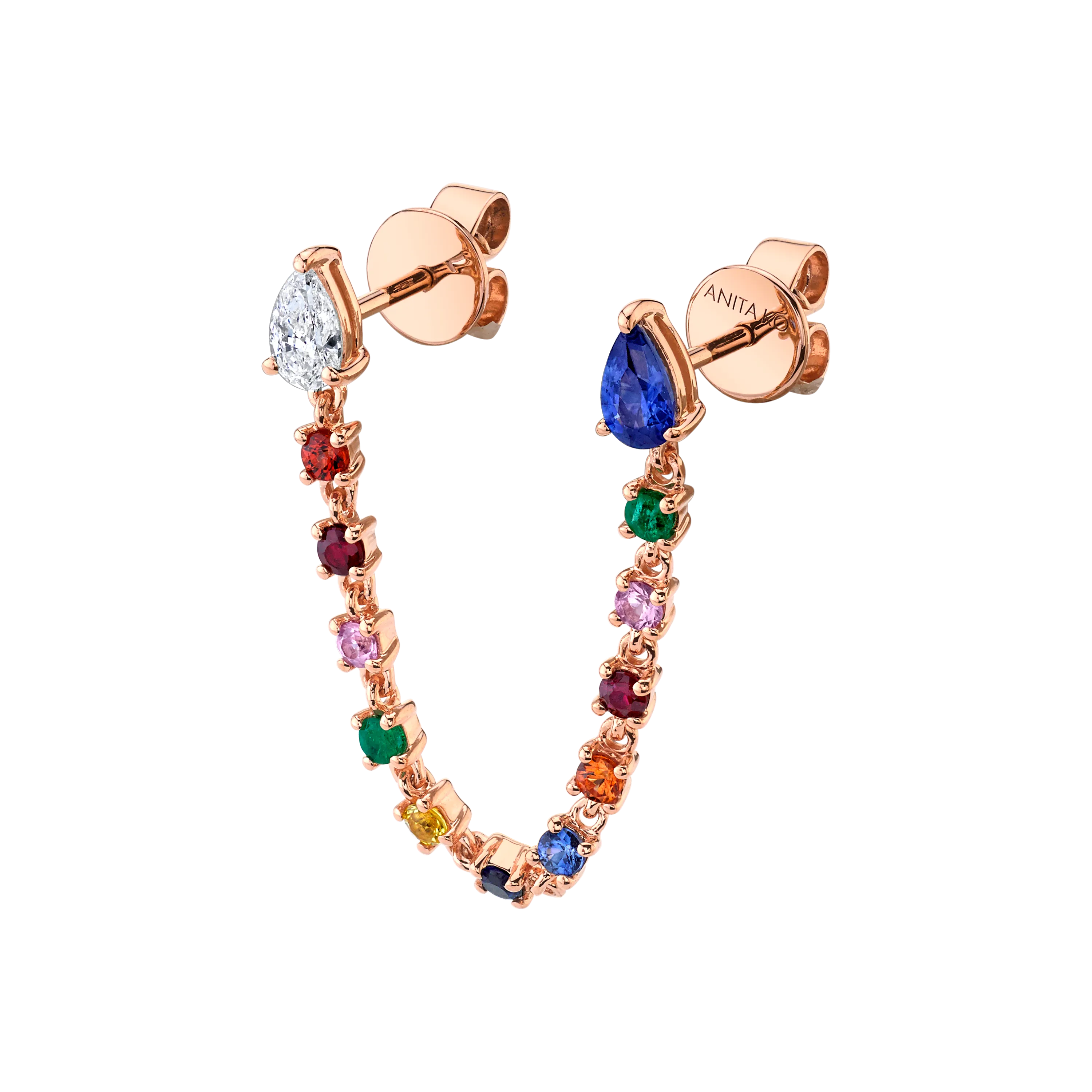 DOUBLE PIERCING LOOP EARRING WITH DIAMOND AND BLUE SAPPHIRE PEAR STUDS
